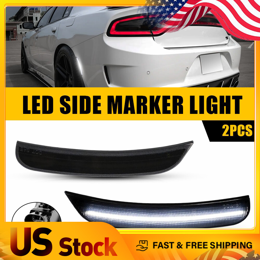 2x LED Side Rear Marker Lights for 2015-2022 Dodge Charger - Smoke Lens White Lamps