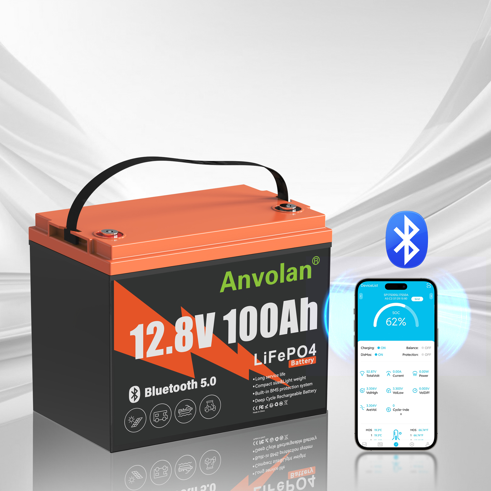 Bluetooth Deep Cycle Lithium LiFePO4 Battery 12Volt 100Ah BMS RV Off Grid Marine