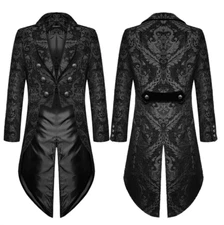 Vintage Mens Gothic Steampunk Tailcoat Jacket Black Brocade Damask Wedding Coat
