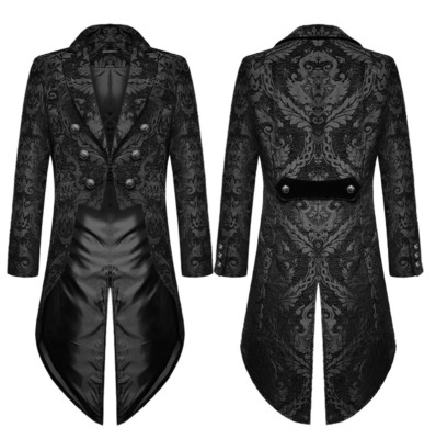 Vintage Mens Gothic Steampunk Tailcoat Jacket Black Brocade Damask Wedding Coat