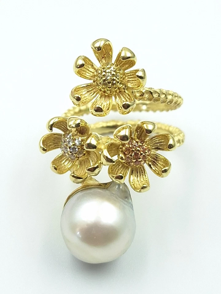 ANELLO ARGENTO 925 DORATO SMERALDI E PERLE NATURALI  REGOLABILE  DONNA ORO  - Immagine 4 di 4