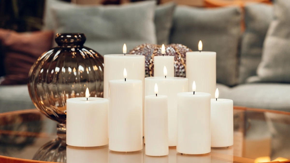 Luxury LED Wax Pillar Church Candle Cream Realistic Flickering Flame Light Home