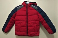 HAWKE CO BOYS RED / NAVY/GREY PUFFER JACKET WITH HOOD - FULL ZIPPER SIZE:7