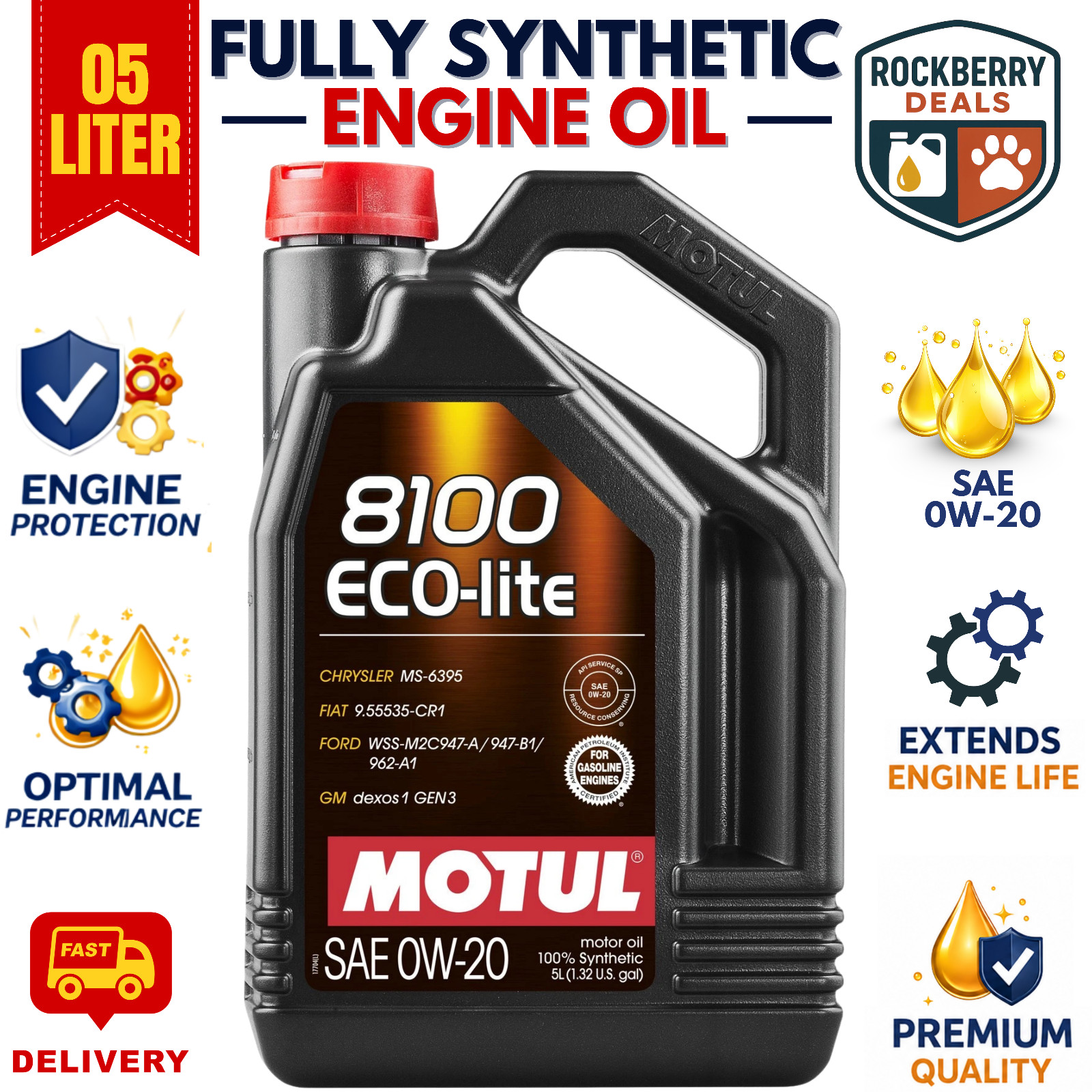 Motul 8100 ECO lite 0w-20 0w20 Fully Synthetic Car Engine Oil 5 Litres 5L