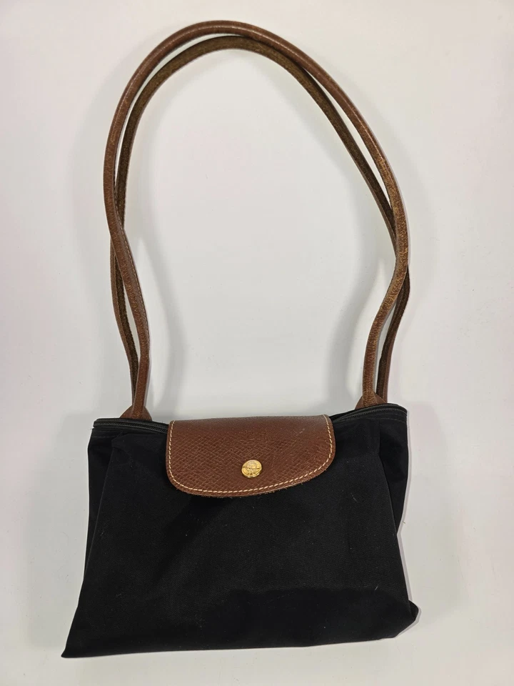 Longchamp Le Pliage Original Canvas Tote Bag Black Nylon Brown Leather Large - Image 2 of 4