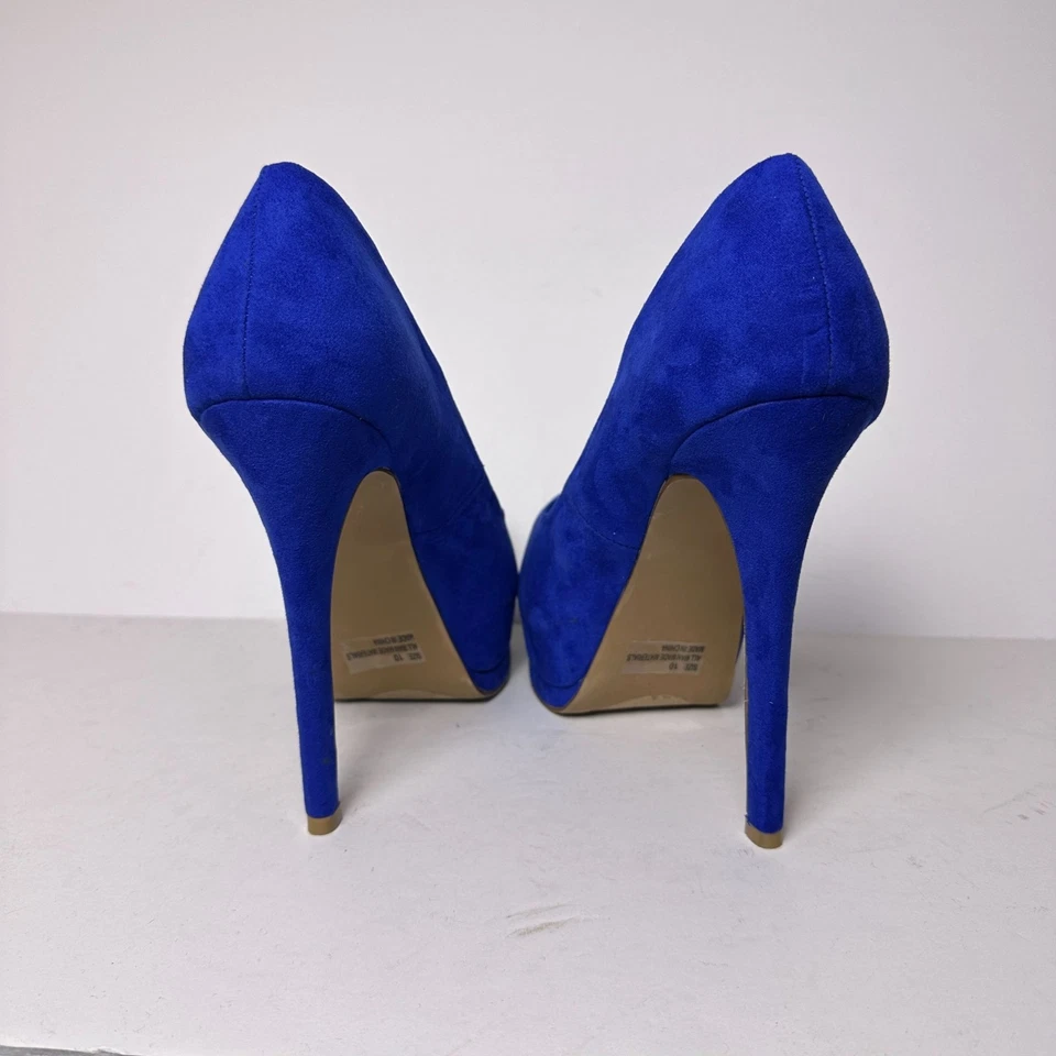 Qupid Mujeres 10 Tacones Azul Real Cobalto Punta abierta Plataformas Imitación Gamuza Elegante Foto 2 de 4