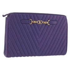 VALENTINO Clutch Bag Leather Purple Gold Auth YKZ076