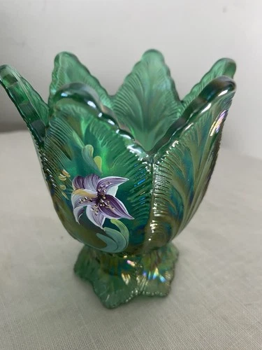 FENTON Green Glass 2 Way Tulip VOTIVE TAPER CANDLE HOLDER 4" Painted Lily Purple