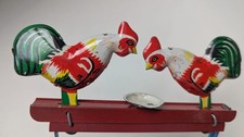 Vintage Tin Toy Roosters Feeding Mechanical Collectable