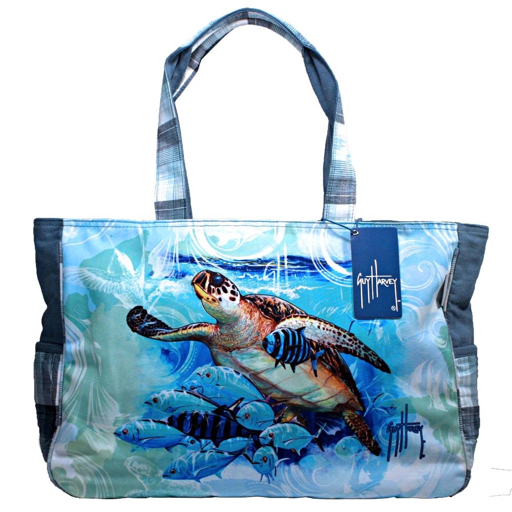 Blue Ocean Sea Turtle Print Large Beach Tote Bag with Shoulder Strap