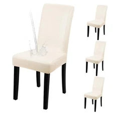  Dining Chair Covers, Solid Pu Leather Waterproof and Oilproof 4 Pack Beige