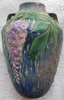 Roseville Wisteria Vase 1933 W/ LABEL Double Handle EXCELLENT GLAZE 6.25''