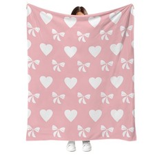 50x60 Inch Valentines Day Pastel Pink Throw Blanket Romantic Heart Bow Flannel