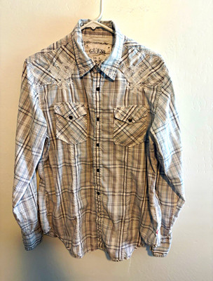 GUESS Men's S Gray/White/Blue Plaid Long Sleeve Pockets Button-Up Embroidered