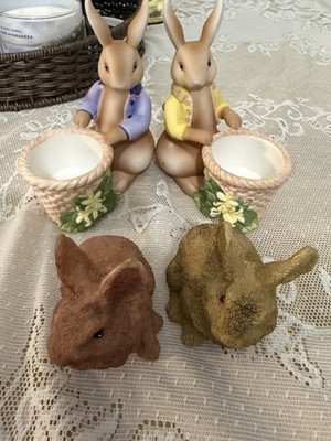 PartyLite Bertie & Bea P7735 Bunny Rabbit Ceramic Votive Candle Holder Set