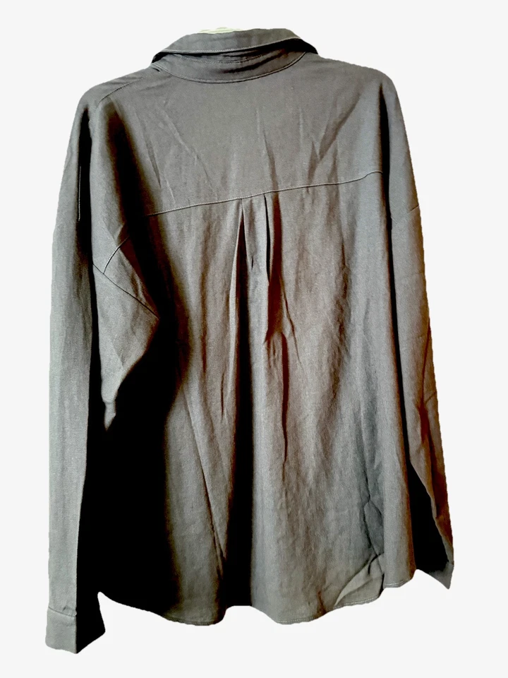 Camisa de mujer manga larga con botones Top mezcla de lino informal blusa lisa gris grande Foto 2 de 2