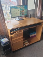 light/medium Oak veneer and Solid Oak office desk with 3 drawers date on it 2004