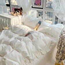 White Ruffle Duvet Cover Set Queen Size Vintage Ruffled Fringe Comforter Cove...