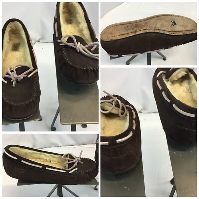 Ugg Moccasins Shoes Sz 8 Women Brown Leather Lace Faux Fur Lined EUC YGI L9S-30
