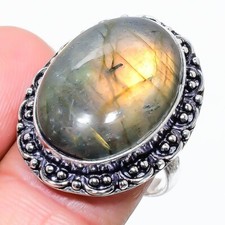 Natural Labradorite Gemstone 925 Sterling Silver Jewelry Ring Size 9 US 