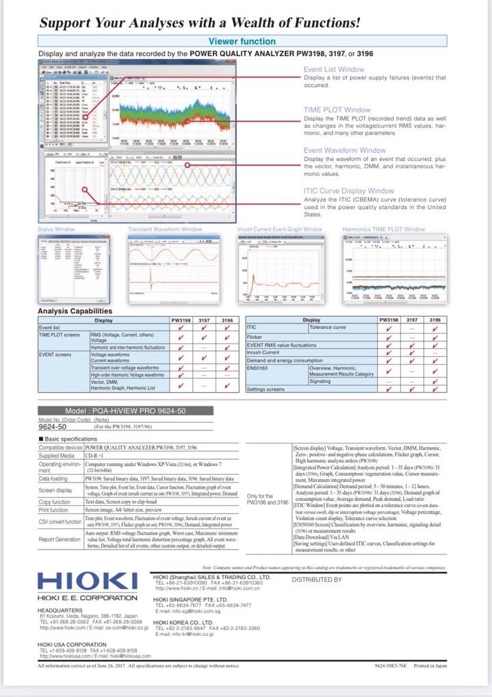 HIOKI 3197 Power Quality Analyzer Logger w/Battery,Power S, V Terminals