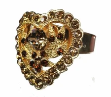 Heart Shaped Adjustable Cocktail Ring with Topaz Brown Crystals Gold Tone Metal