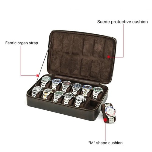 12 Slots Genuine Leather Watch Box Display Case Watches Storage Organizer Holder - Picture 9 of 12
