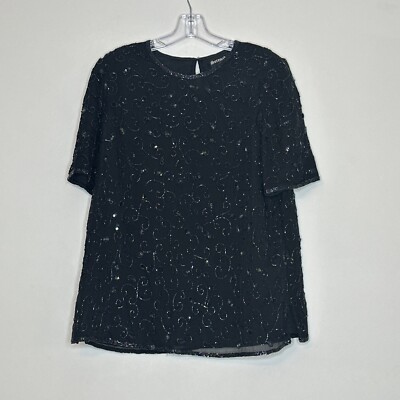 Vintage Serenade Bluse Größe 14 100% Seide Pailletten Perlen verziert Kurzarm