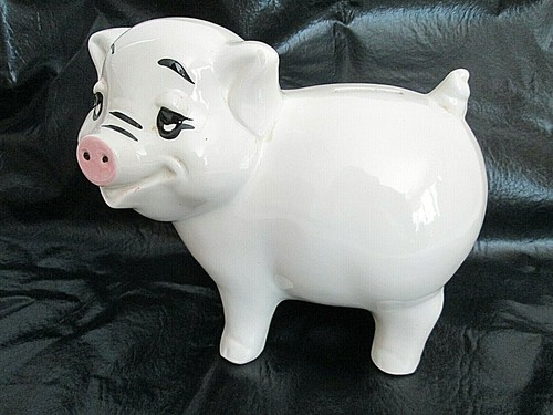 Piggy Bank Pig Cute Hog White Ceramic Vtg Child Savings Adorable Pink Nose GIFT - 第 2/9 張圖片