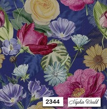  2344 TWO Individual Paper LUNCHEON Decoupage Napkins - MIXED FLOWERS on navy