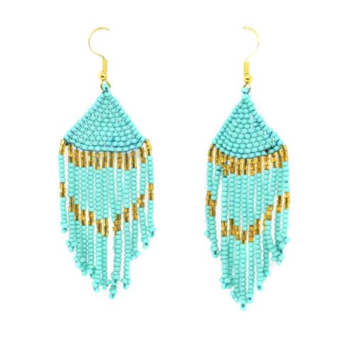 Turquoise and Gold Fringe Glass Beaded EARRINGS Handmade In Nepal Artisan Fairt - Picture 1 of 1