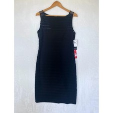 Adrianna Papell Black Sheath Mesh Overlay Ribbed Dress Size 14 Holiday Party New