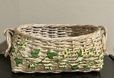 Vintage Woven Basket, White Washed, Twig/Branch Handles