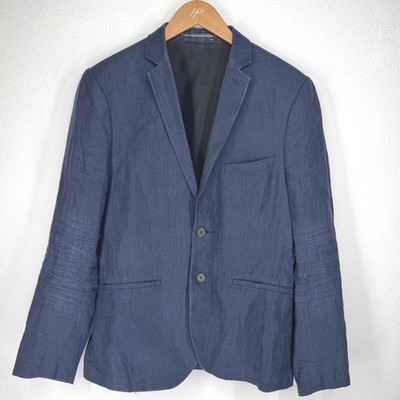 HM Mens Slim Fit Navy Blue 100% Linen Blazer Sport Coat Jacket 38R Tailored