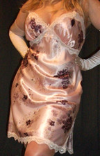 Vtg Pink Peach Floral Satin Babydoll Nightgown M