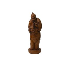 Chinese Boxwood Longevity Goddess Holding Baby Deer Statue ws4898