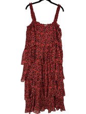 Ganni Pleated Georgette Flounce Midi Tiered Dress Size 42 10/12 Red Floral