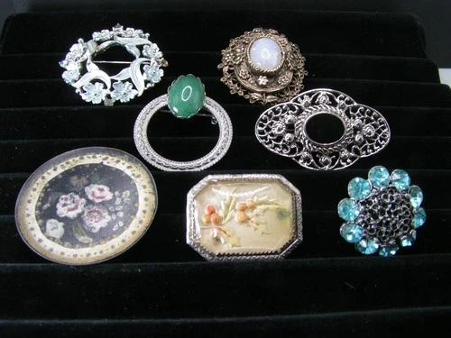Lot of 7 Vintage Costume Jewelry Brooches-Various Styles and Sizes
