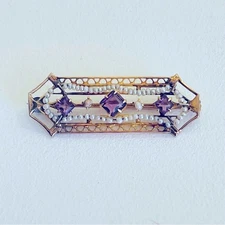 Antique Ostby Barton 10k Gold Pearl Amethyst Bar Pin Brooch