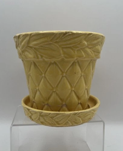 McCoy Pottery Planter Yellow Diamond & Leaves Pot With Saucer 4 1/2” High 5” Dia