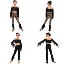 Kids Girls Outfit Stage Sets 2 Piece Dancewear Long Sleeve Tassels Ballroom