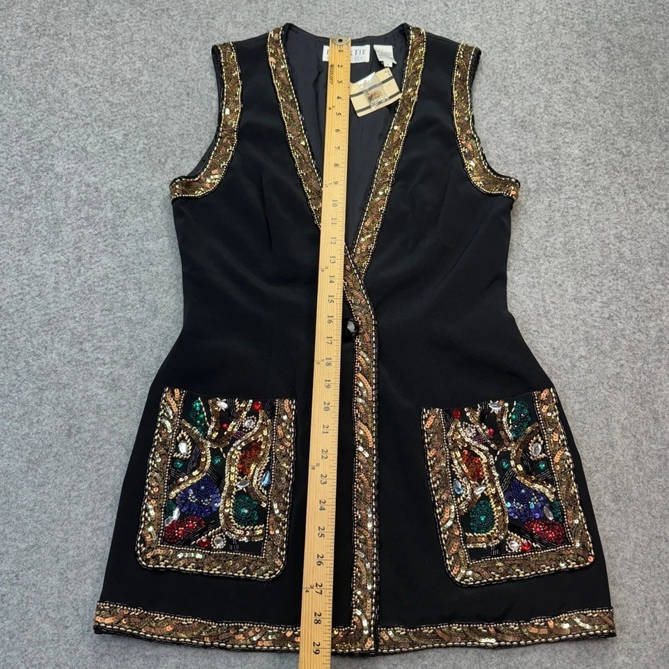 Chaleco de Colección Oleg Cassini Negro Corbata Cuentas Lentejuelas Para Mujer Talla 6 Nuevo Con Etiquetas Adornado Foto 4 de 4