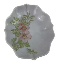 Hand-Painted Floral Porcelain Trinket Dish Vintage Pink Flowers Scalloped Edge