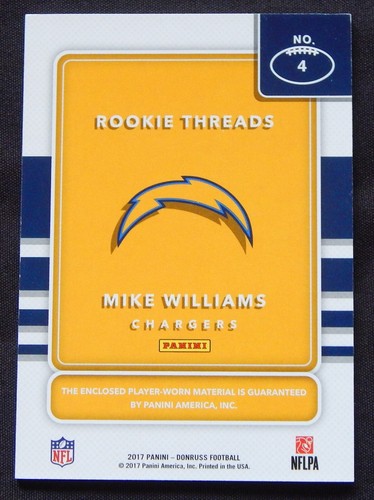Mike Williams 2017 Panni Donruss #4 Rookie Threads Swatch Karte - Bild 2 von 2