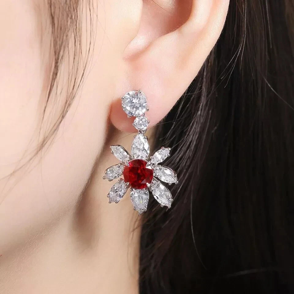 Solid 14K White Gold 6.35 Ct Round Cut Natural Ruby & Diamond Earring Stud - Image 3 of 4