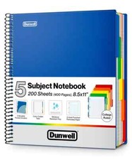 Dunwell 5-Subject Spiral Notebook College Ruled Blue Colorful Movable Pocket