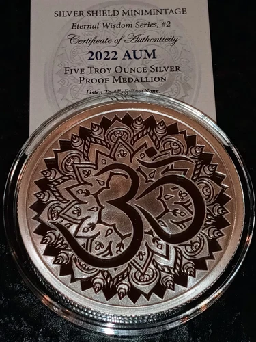 2022 5oz Silver Proof AUM - Silver Shield Eternal Wisdom Series. Low COA #/555