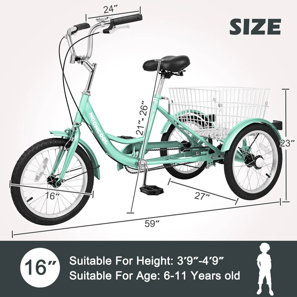 Triciclo pequeño 16" de una sola velocidad con altura ajustable y cesta trasera Foto 2 de 4