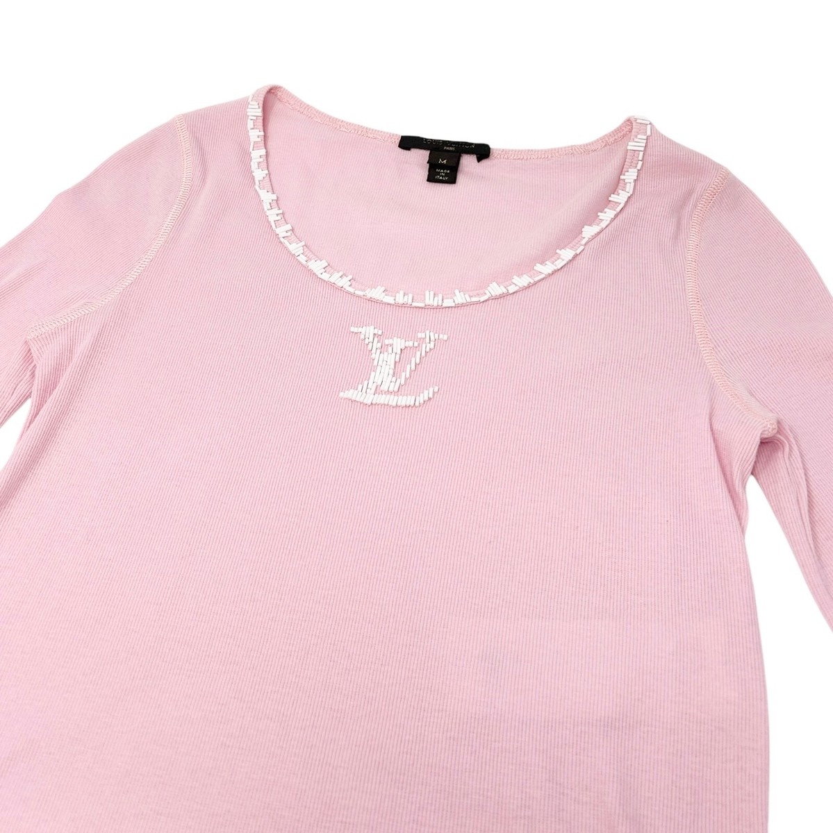 LOUIS VUITTON Vintage LV Logo 3/4 Sleeve Top #M Pink White Cotton