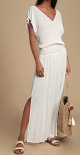 NWT LULUS LA OLA WHITE BEADED SHEER MAXI KAFTAN COVER UP DRESS SZ XS